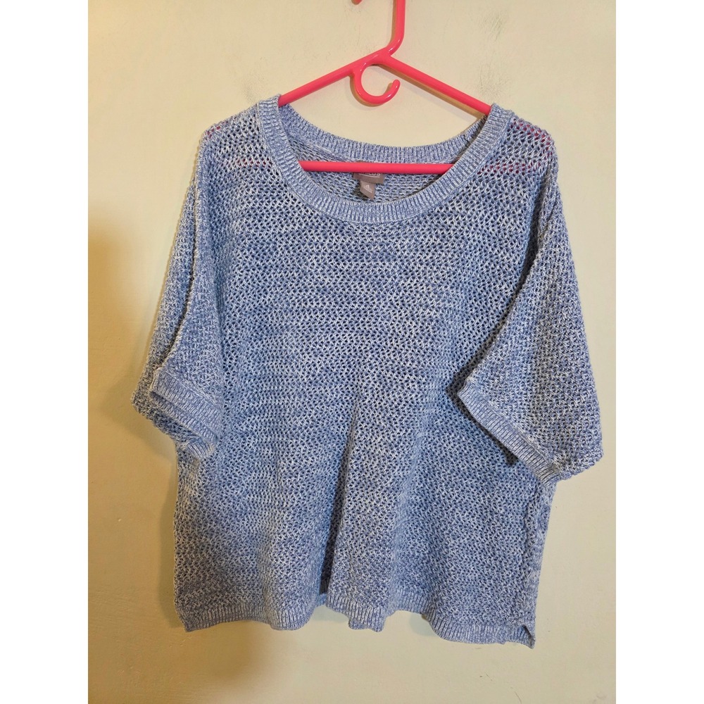 Chicos Open Knit Marled Blue White Sweater Short Sleeve Crew Neck Size 4 XL